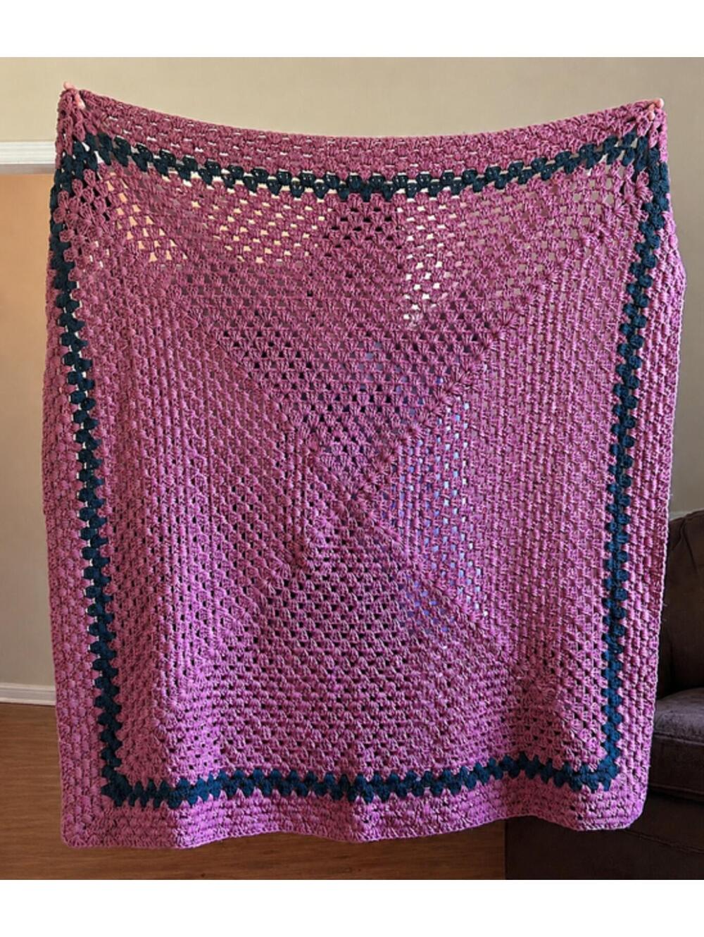 Handmade Crochet Blanket in Pink and Dark Green